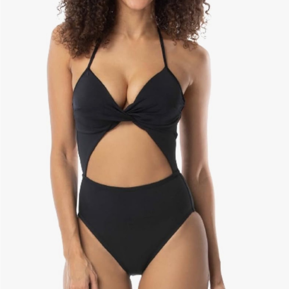 NWT solid black one piece cutout adjustable tie twist front swimsuit size small
